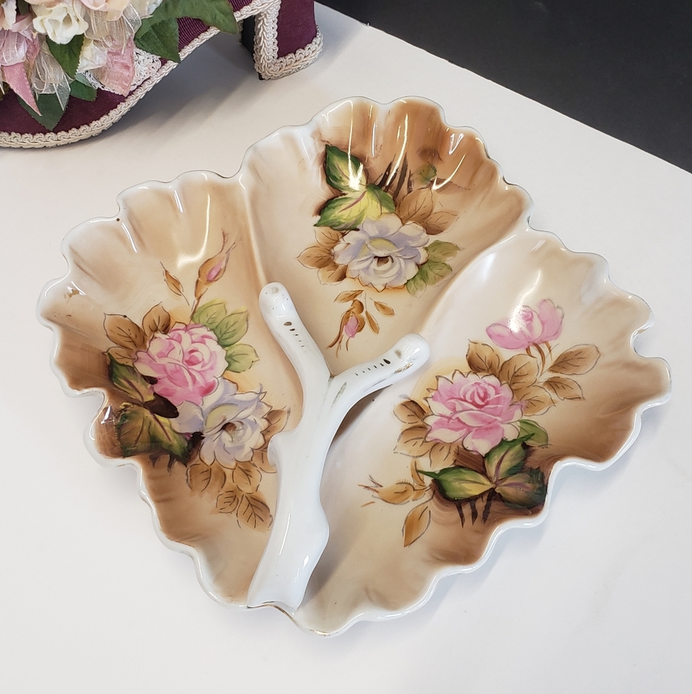 Vintage Heritage Brown Floral 3 Part Relish Dish w/Handle by Lefton 1960s